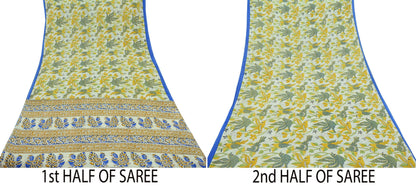 Indian Vintage Saree Ivory Block Printed Pure Cotton Sari Craft Fabric Soft 5Yd Sarong Wrap Peacock Floral Dress Making Quilting Crafting