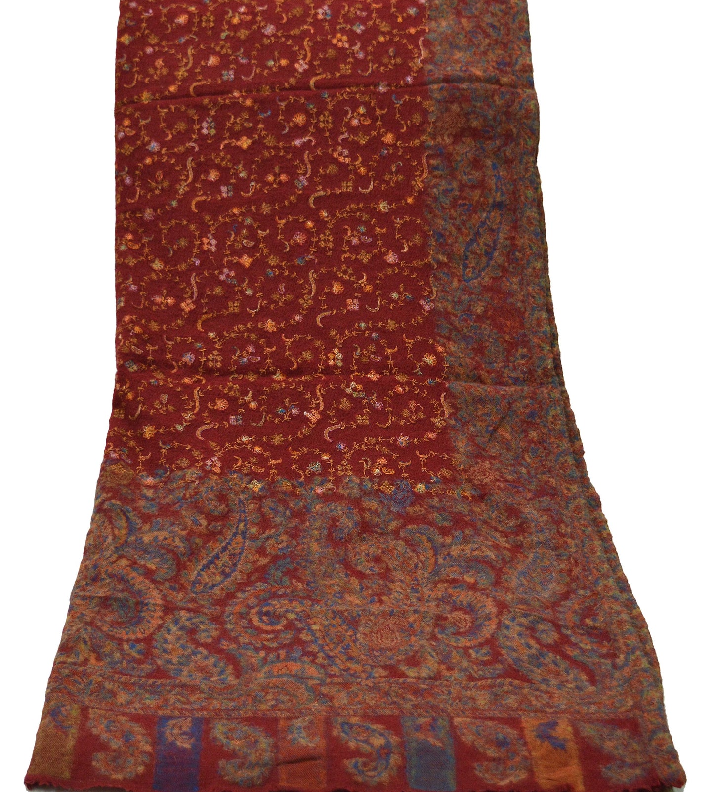 Indian Vintage Dark Red Pure Woolen Shawl Handmade Ari work Long Throw Stole Warm Stole Paisley Design