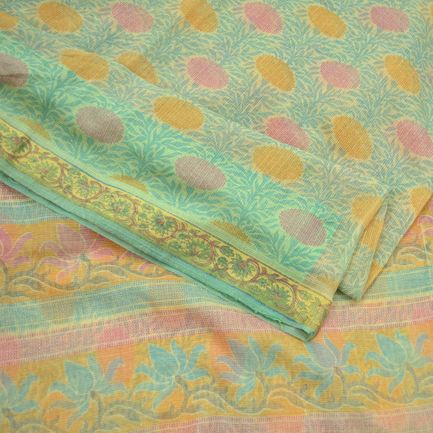 Indian Vintage Sari Beige & Green Cotton Hand Woven printed Sarees 5Yd Craft Fabric Sewing Sarong Dress Making Quilting Crafting Upcycle