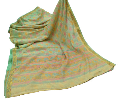 Indian Vintage Sari Beige & Green Cotton Hand Woven printed Sarees 5Yd Craft Fabric Sewing Sarong Dress Making Quilting Crafting Upcycle