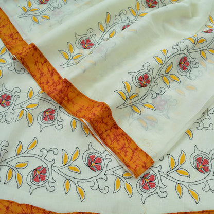 Indian Vintage Saree White Pure Cotton Hand Embroidered Sari 5yd Ethnic Soft Floral Craft Fabric Dress Making Crafting Quilting Upcycle