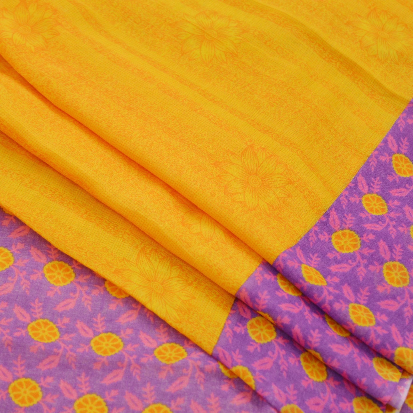 Indian Vintage Sari Purple & yellow Printed Sarees Pure Cotton Craft Fabric 5Yd Soft Sewing Sarong Wrap Boho Upcycle Quilting Crafting Used