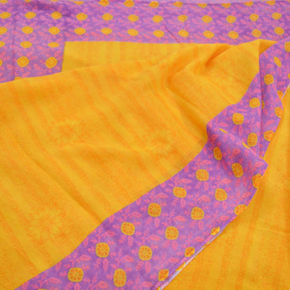 Indian Vintage Sari Purple & yellow Printed Sarees Pure Cotton Craft Fabric 5Yd Soft Sewing Sarong Wrap Boho Upcycle Quilting Crafting Used