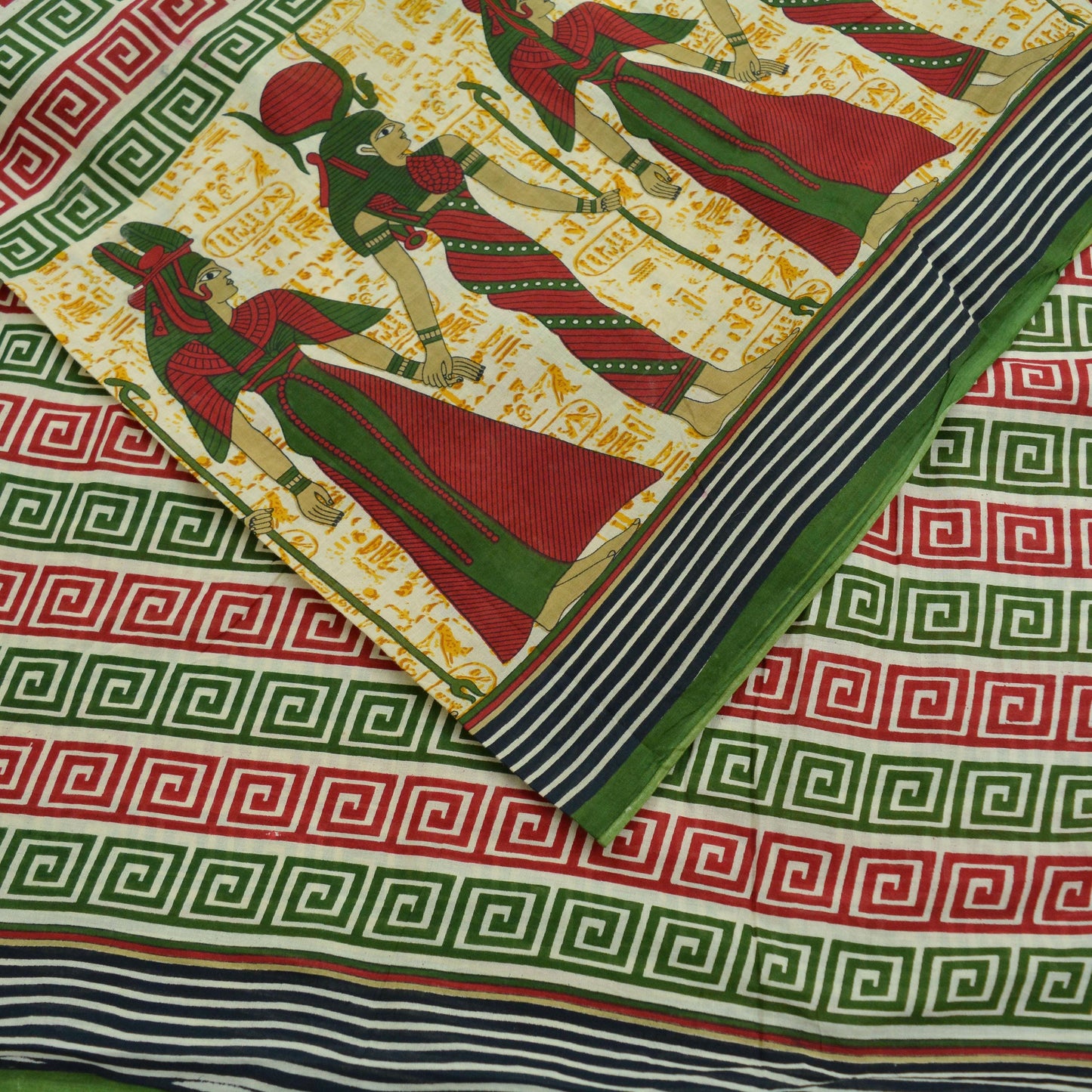 Indian Vintage Sari Beige & Green Pure Cotton Printed Sarees Craft Fabric Soft 5Yd Sarong Wrap Boho Fabric Kimono Quilting Crafting Upcycle