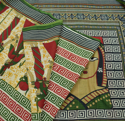 Indian Vintage Sari Beige & Green Pure Cotton Printed Sarees Craft Fabric Soft 5Yd Sarong Wrap Boho Fabric Kimono Quilting Crafting Upcycle