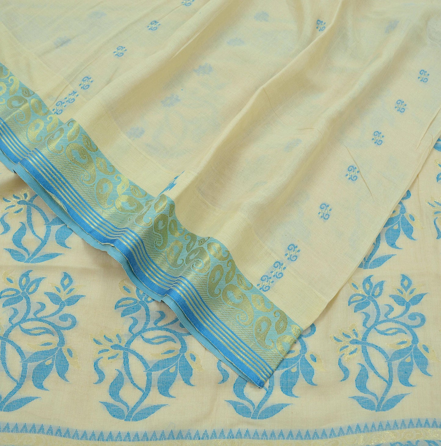 Indian Vintage Sari Ivory 100% Pure Silk Hand Woven Sarees Craft Fabric 5Yd Ethnic Floral Sewing Dress making Crafting Quilting Upcycle Zari