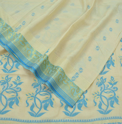 Indian Vintage Sari Ivory 100% Pure Silk Hand Woven Sarees Craft Fabric 5Yd Ethnic Floral Sewing Dress making Crafting Quilting Upcycle Zari