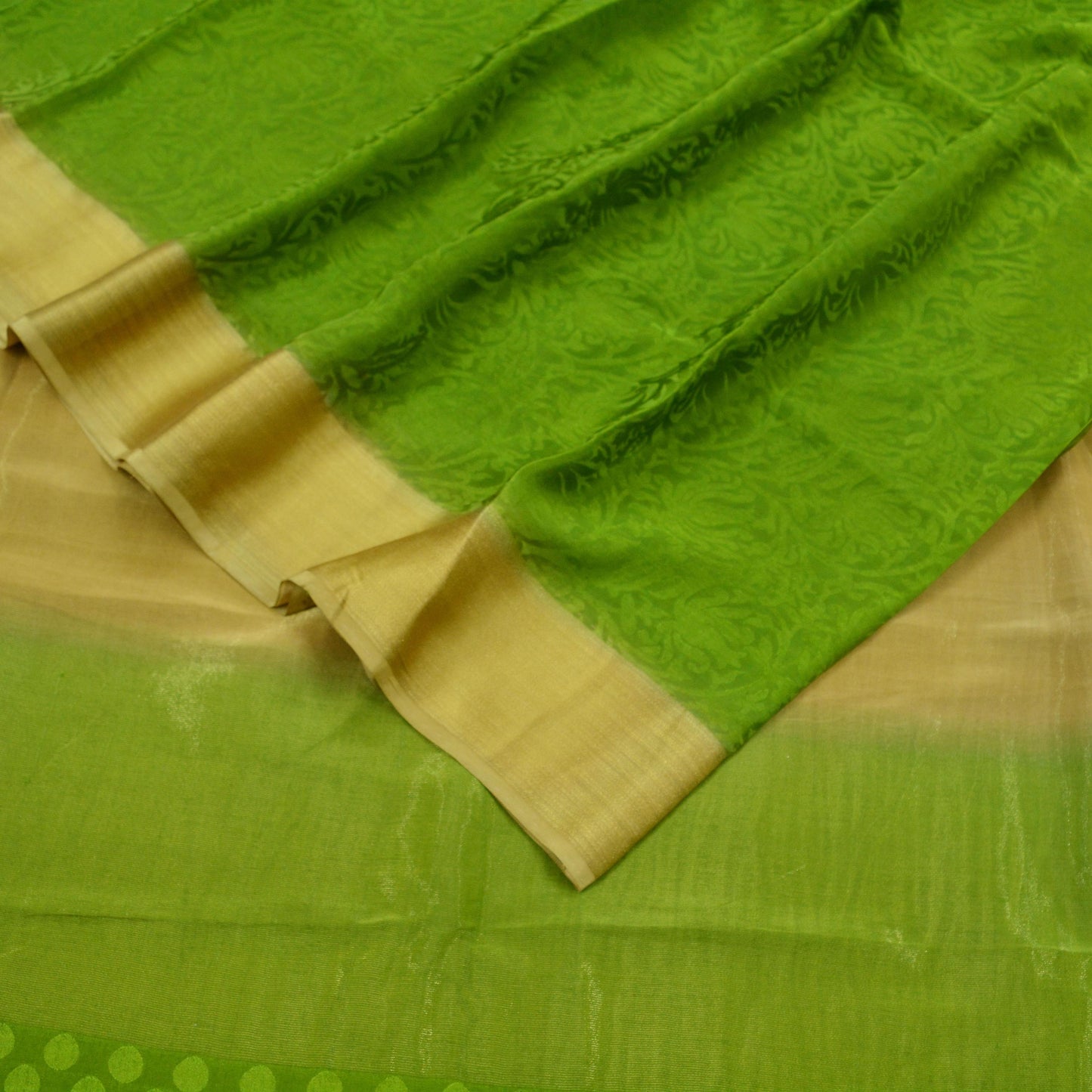 Indian Vintage Sari Green & Beige Pure Crepe Silk Hand Woven Sarees 5yd Sewing Craft Fabric Zari Border Dress making Crafting Quilting