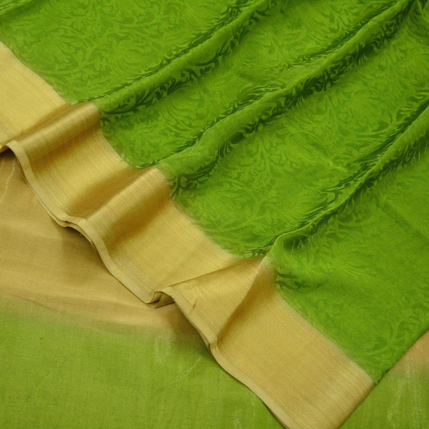 Indian Vintage Sari Green & Beige Pure Crepe Silk Hand Woven Sarees 5yd Sewing Craft Fabric Zari Border Dress making Crafting Quilting