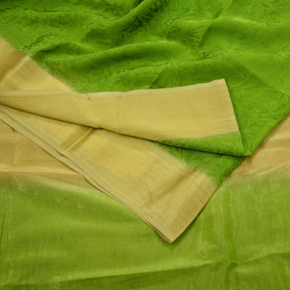 Indian Vintage Sari Green & Beige Pure Crepe Silk Hand Woven Sarees 5yd Sewing Craft Fabric Zari Border Dress making Crafting Quilting