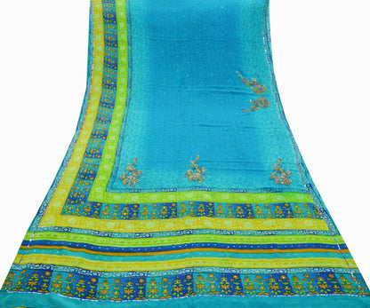 Indian Vintage Sari Blue Pure Crepe Silk Hand Embroidered Saree 5yd Sewing Floral Craft Fabric Sequins Dress making Crafting Quilting