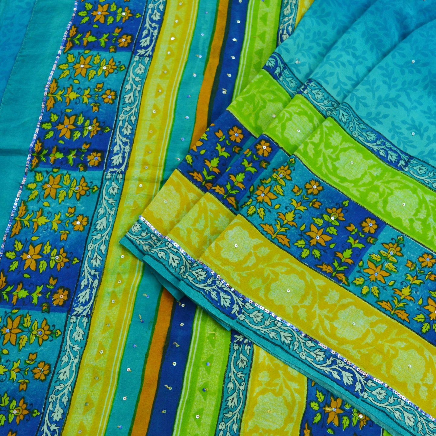 Indian Vintage Sari Blue Pure Crepe Silk Hand Embroidered Saree 5yd Sewing Floral Craft Fabric Sequins Dress making Crafting Quilting