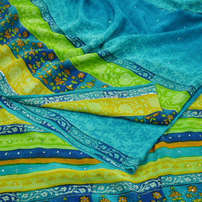 Indian Vintage Sari Blue Pure Crepe Silk Hand Embroidered Saree 5yd Sewing Floral Craft Fabric Sequins Dress making Crafting Quilting