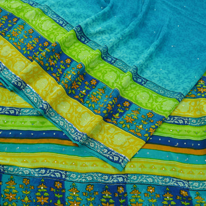 Indian Vintage Sari Blue Pure Crepe Silk Hand Embroidered Saree 5yd Sewing Floral Craft Fabric Sequins Dress making Crafting Quilting