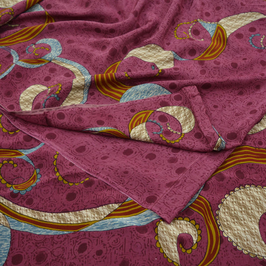 Indian Vintage Sari Pink Pure Crepe Silk Printed Saree 5yd Sewing Craft Fabric Abstract Soft Wrap Dress Making Quilting Crafting