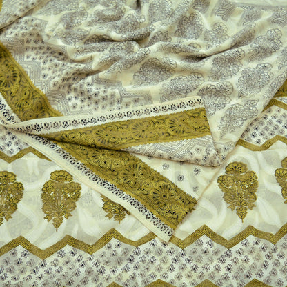 Indian Vintage Sari Ivory Pure Georgette Silk Printed Sarees Sewing 5yd Craft Fabric Soft Crafting Dress Making Quilting Upcyle