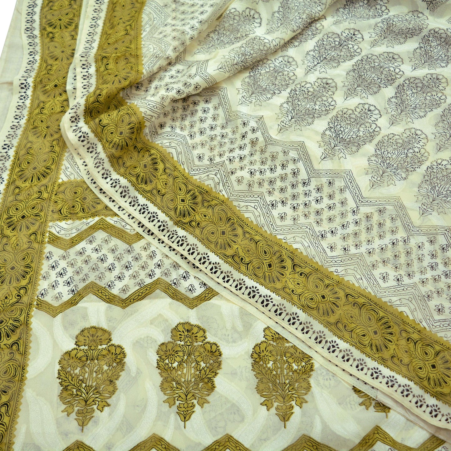 Indian Vintage Sari Ivory Pure Georgette Silk Printed Sarees Sewing 5yd Craft Fabric Soft Crafting Dress Making Quilting Upcyle