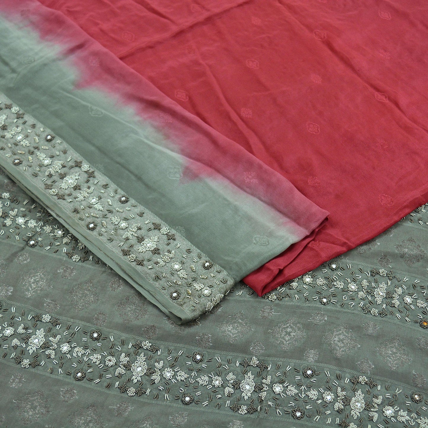 Indian Vintage Sari Pink & Gray Pure Crepe Silk Hand Embroidered Sarees Craft Fabric 6yd Sewing Soft Ethnic Zardozi Dress Making Crafting