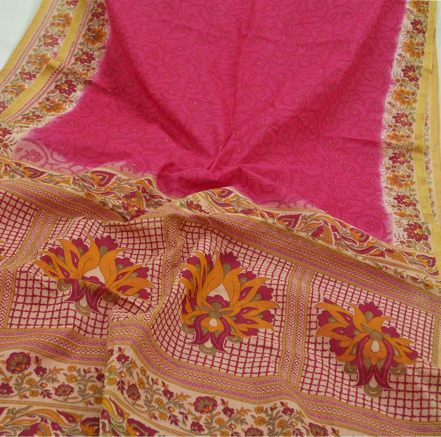 Indian Vintage Pink & Beige Saree Printed 100% Pure Cotton Sari Craft Fabric 5Yd Sewing Sarong Wrap Floral Dress making Quilting Crafting