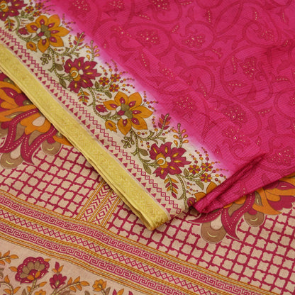 Indian Vintage Pink & Beige Saree Printed 100% Pure Cotton Sari Craft Fabric 5Yd Sewing Sarong Wrap Floral Dress making Quilting Crafting