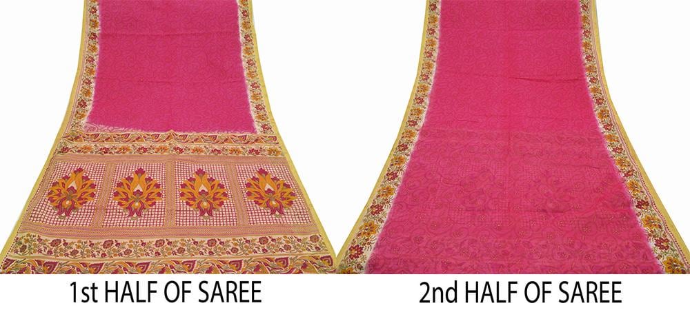 Indian Vintage Pink & Beige Saree Printed 100% Pure Cotton Sari Craft Fabric 5Yd Sewing Sarong Wrap Floral Dress making Quilting Crafting