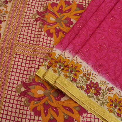 Indian Vintage Pink & Beige Saree Printed 100% Pure Cotton Sari Craft Fabric 5Yd Sewing Sarong Wrap Floral Dress making Quilting Crafting