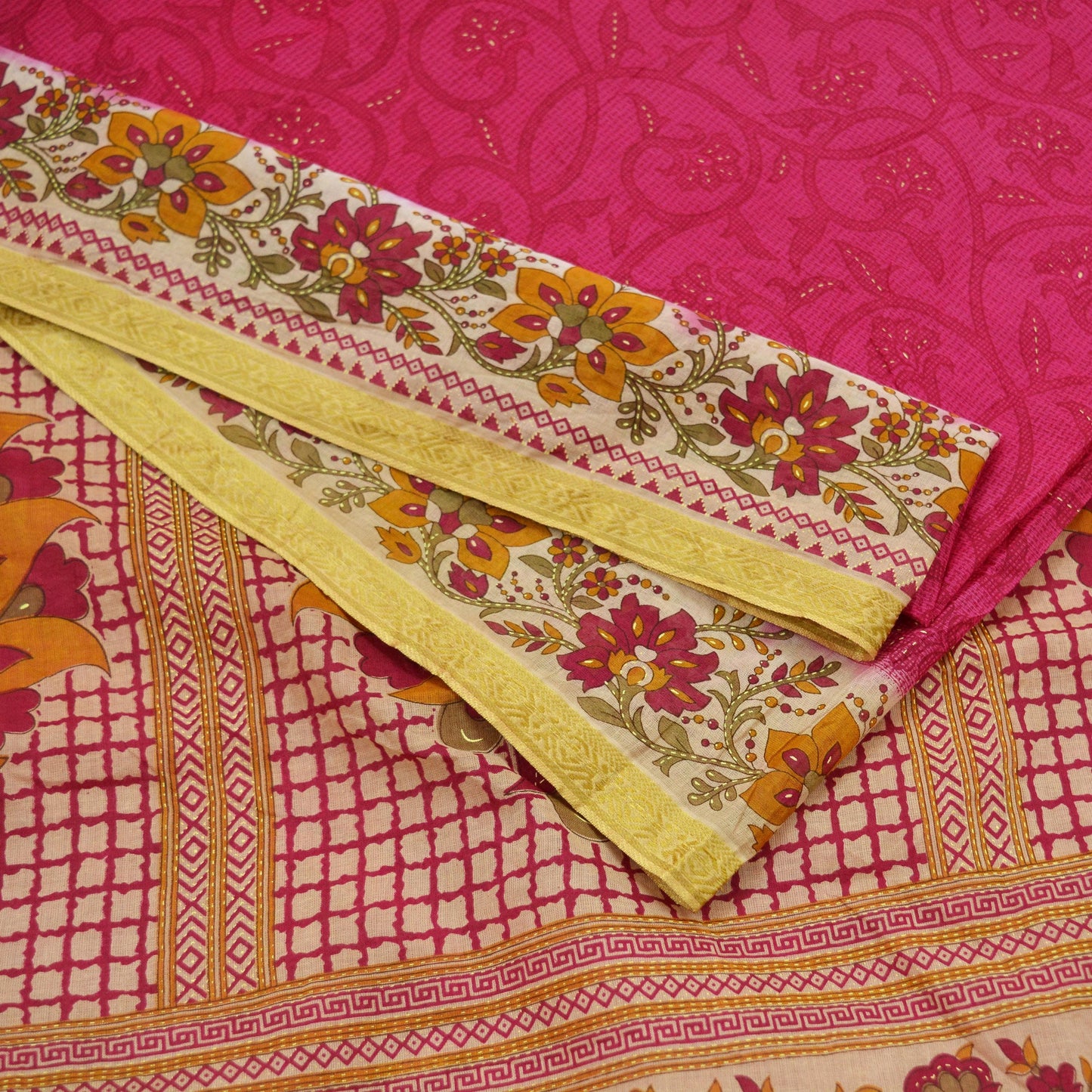 Indian Vintage Pink & Beige Saree Printed 100% Pure Cotton Sari Craft Fabric 5Yd Sewing Sarong Wrap Floral Dress making Quilting Crafting