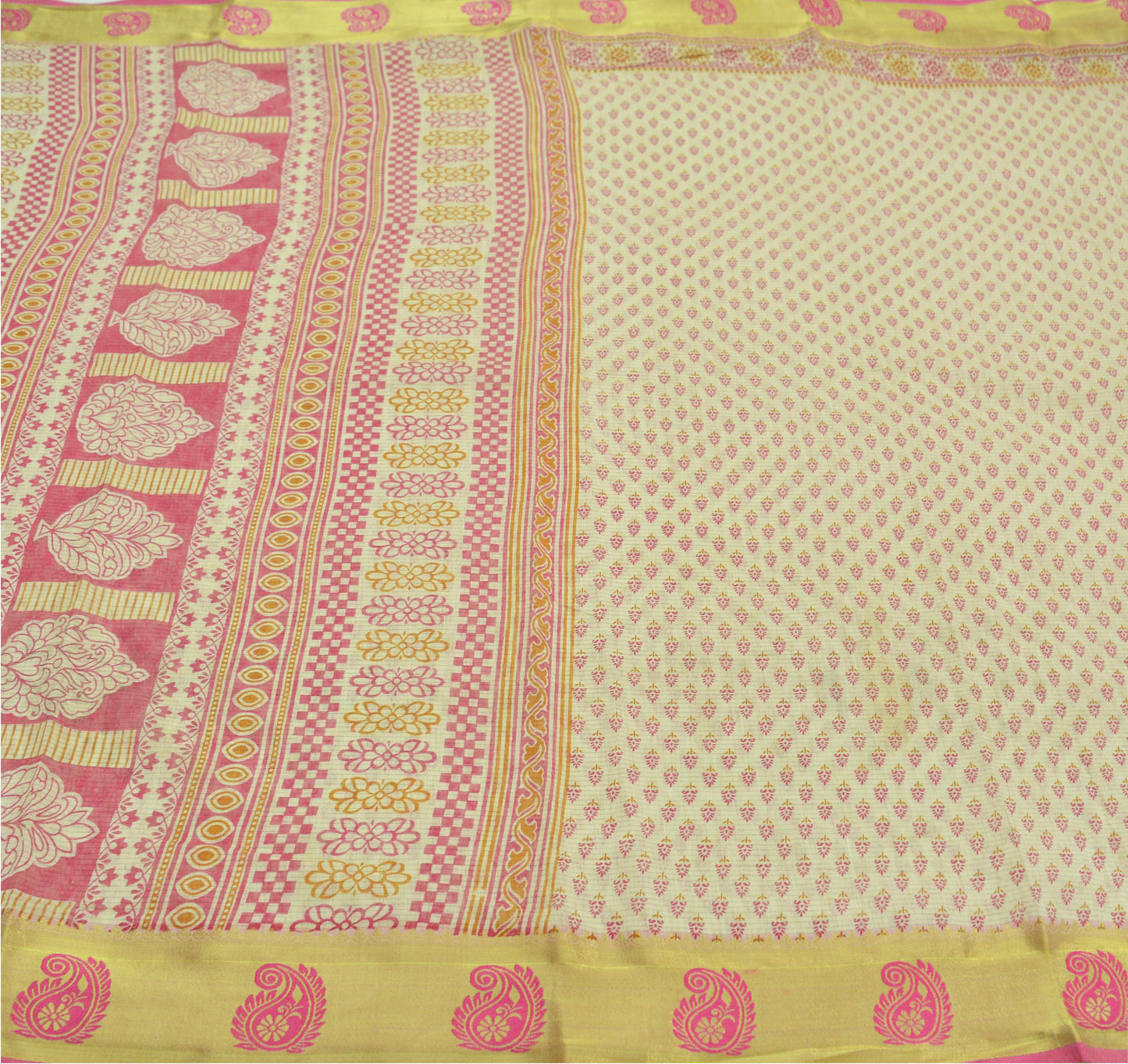 Indian Vintage Sari Ivory Printed Chanderi Cotton Craft Fabric 5Yd Sewing Zigzag Soft Dress Making Bollywood sarees Crafting Zari