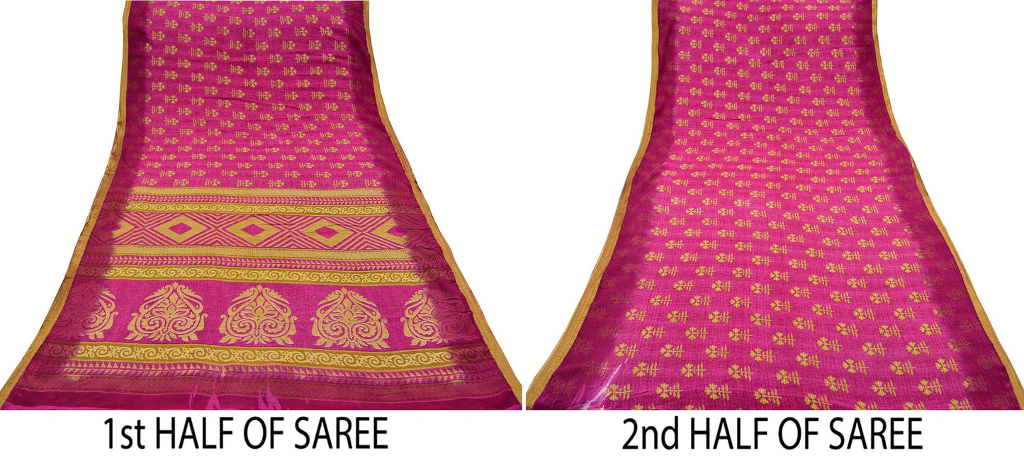 Indian Vintage Sari Pink & Beige Printed 100% Pure Cotton Sarees Craft Fabric 5Yd Soft Sewing Sarong Wrap Floral Boho Quilting Crafting Used