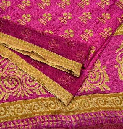 Indian Vintage Sari Pink & Beige Printed 100% Pure Cotton Sarees Craft Fabric 5Yd Soft Sewing Sarong Wrap Floral Boho Quilting Crafting Used