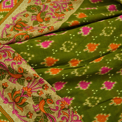 Indian Vintage Green Saree Printed Pure Cotton Sari Craft Fabric 5Yd Sewing Soft Sarong Wrap Boho Floral Dress Making Quilting Crafting Used