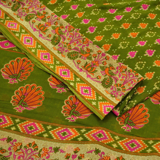 Indian Vintage Green Saree Printed Pure Cotton Sari Craft Fabric 5Yd Sewing Soft Sarong Wrap Boho Floral Dress Making Quilting Crafting Used