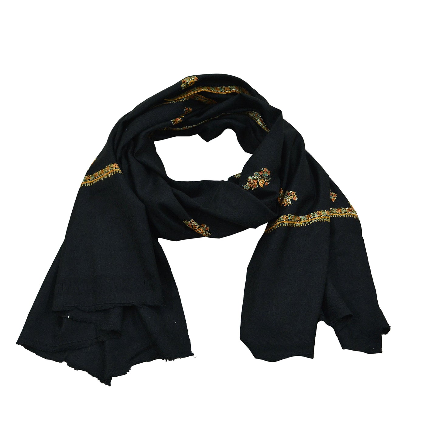 Vintage Black Pure Woolen Shawl Handmade Suzani Long Throw Stole Warm Stole Floral Design