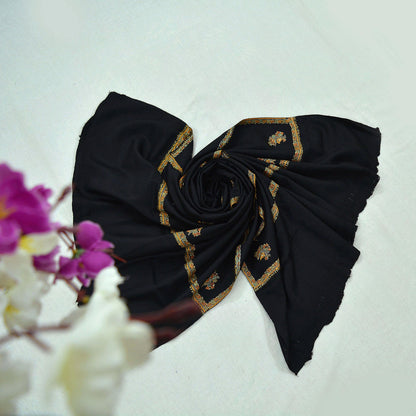 Vintage Black Pure Woolen Shawl Handmade Suzani Long Throw Stole Warm Stole Floral Design