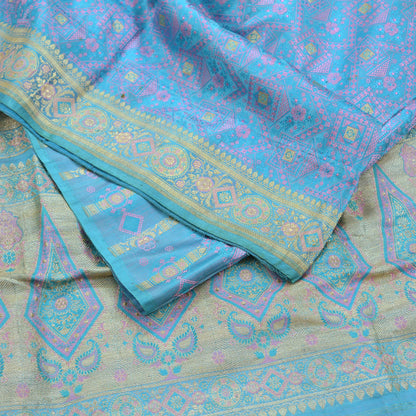 Indian Vintage Heavy Bridal Sari Pure Silk Blue Woven Brocade Sarees 5Yd Craft Fabric Floral Ethnic Zari Dress making Pre-owned Wedding sari