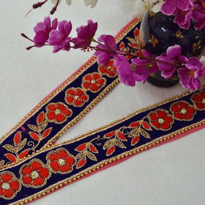 Indian Vintage Royal Blue Sari Border Hand Embroidered Craft Trim Lace Sewing Ribbon Velvet Dress Making For Designing Quilting Crafting