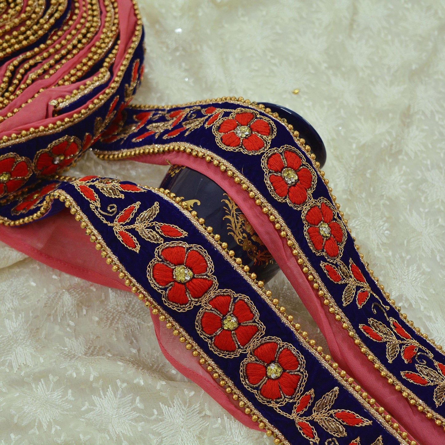 Indian Vintage Royal Blue Sari Border Hand Embroidered Craft Trim Lace Sewing Ribbon Velvet Dress Making For Designing Quilting Crafting