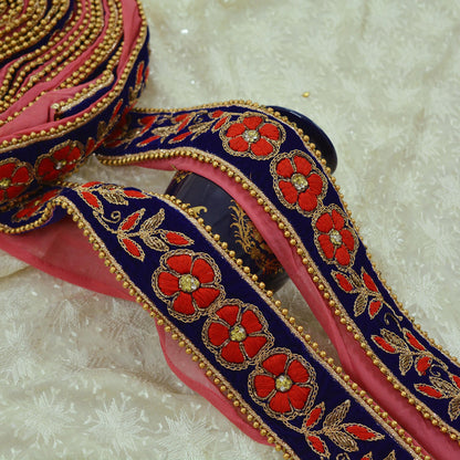 Indian Vintage Royal Blue Sari Border Hand Embroidered Craft Trim Lace Sewing Ribbon Velvet Dress Making For Designing Quilting Crafting
