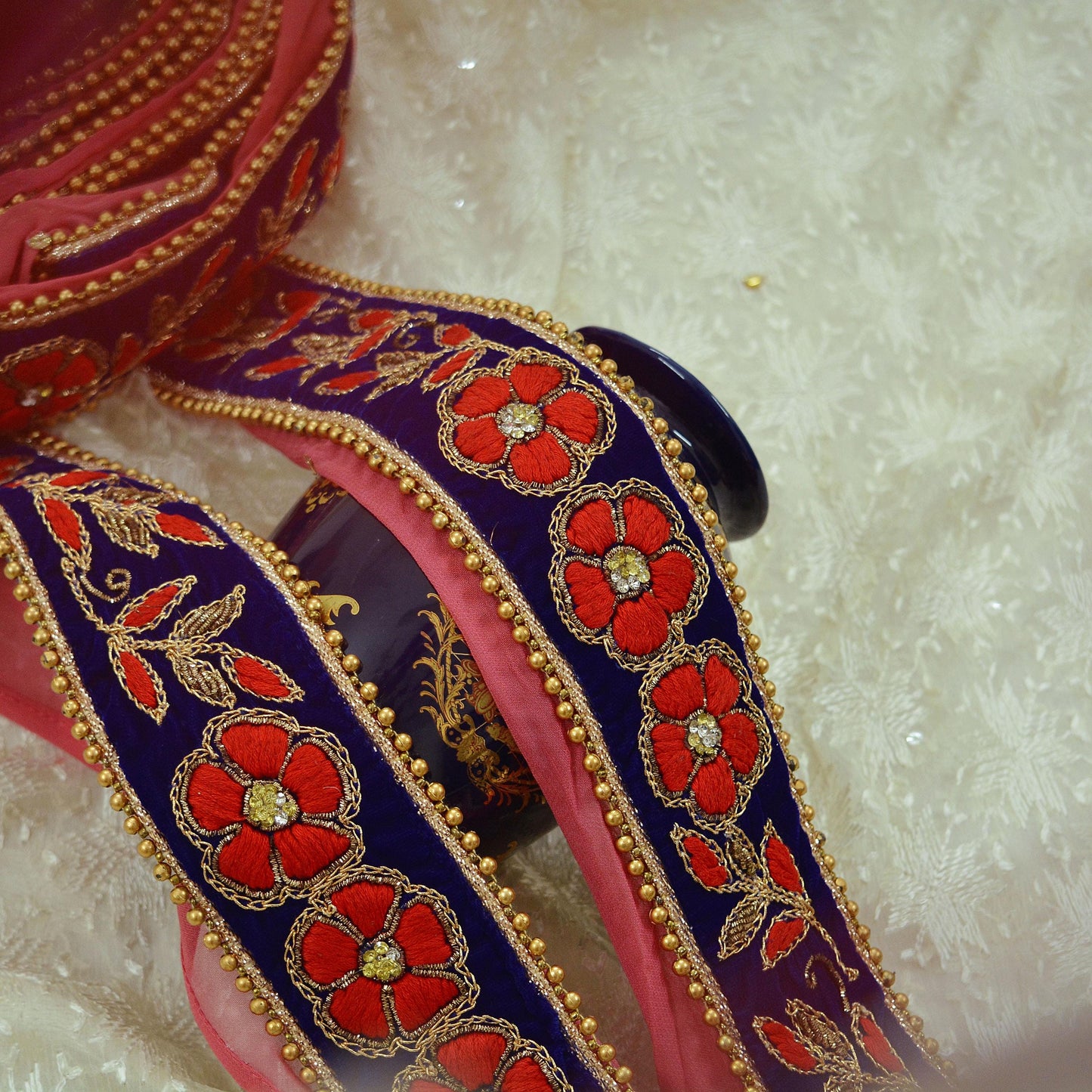 Indian Vintage Royal Blue Sari Border Hand Embroidered Craft Trim Lace Sewing Ribbon Velvet Dress Making For Designing Quilting Crafting