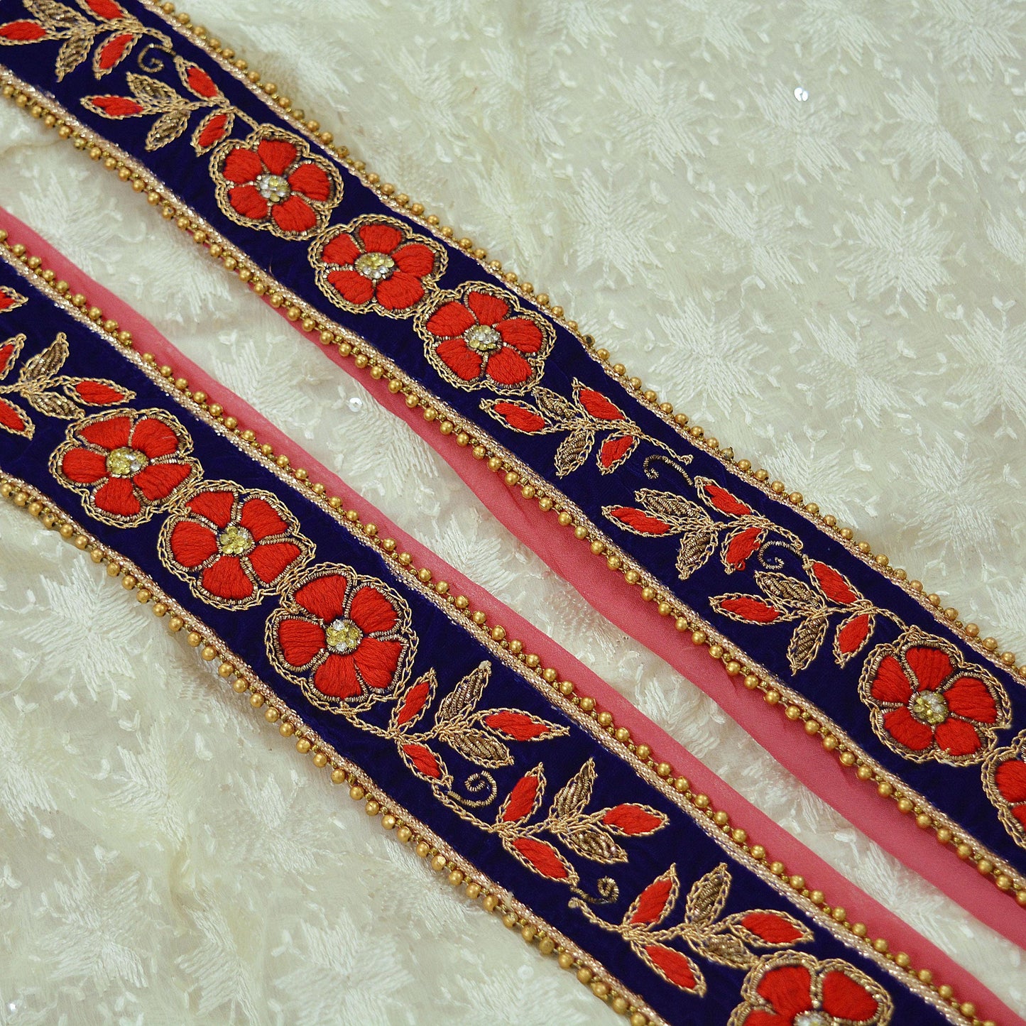 Indian Vintage Royal Blue Sari Border Hand Embroidered Craft Trim Lace Sewing Ribbon Velvet Dress Making For Designing Quilting Crafting