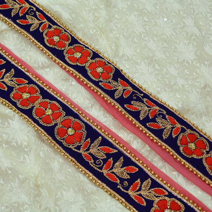 Indian Vintage Royal Blue Sari Border Hand Embroidered Craft Trim Lace Sewing Ribbon Velvet Dress Making For Designing Quilting Crafting
