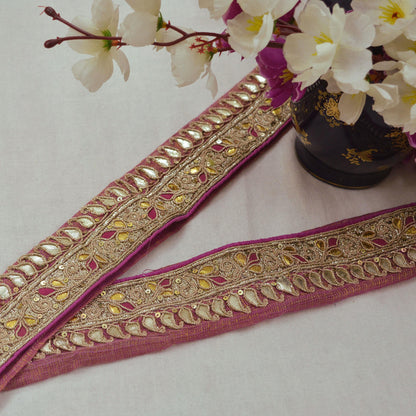 Indian Vintage Pink Sari Border Hand Embroidered Gota Patti Craft Trim Lace Sewing Sari Ribbon Pure silk  Zardozi/Dabka Zari Dress making