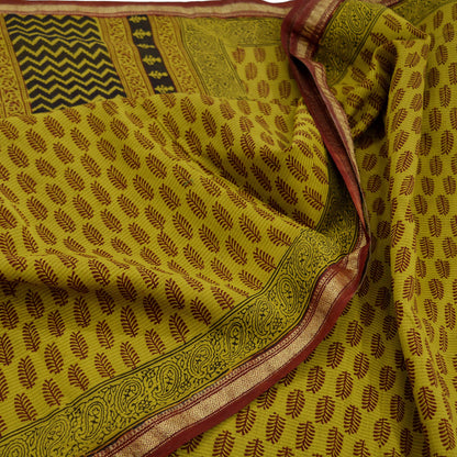 Indian Vintage Sari Green Pure chanderi Silk Block Printed Sarees Fabric 5Yard Soft Zari Border Floral Dress making bollywood silk sarees