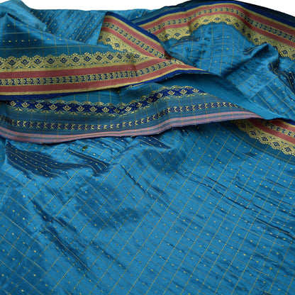 Indian Vintage Sari Blue Mysore Silk Woven Sarees Craft Fabric 5Yd Ethnic South silk Dress Making Crafting Upcycle Quilting Zari Border