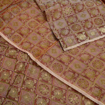 Indian Vintage Sari Brown Hand Embroidered Saree Pure Organza Silk Fabric 5Yd Ethnic Dress Making Crafting Quilting Zardozi/ Dabka