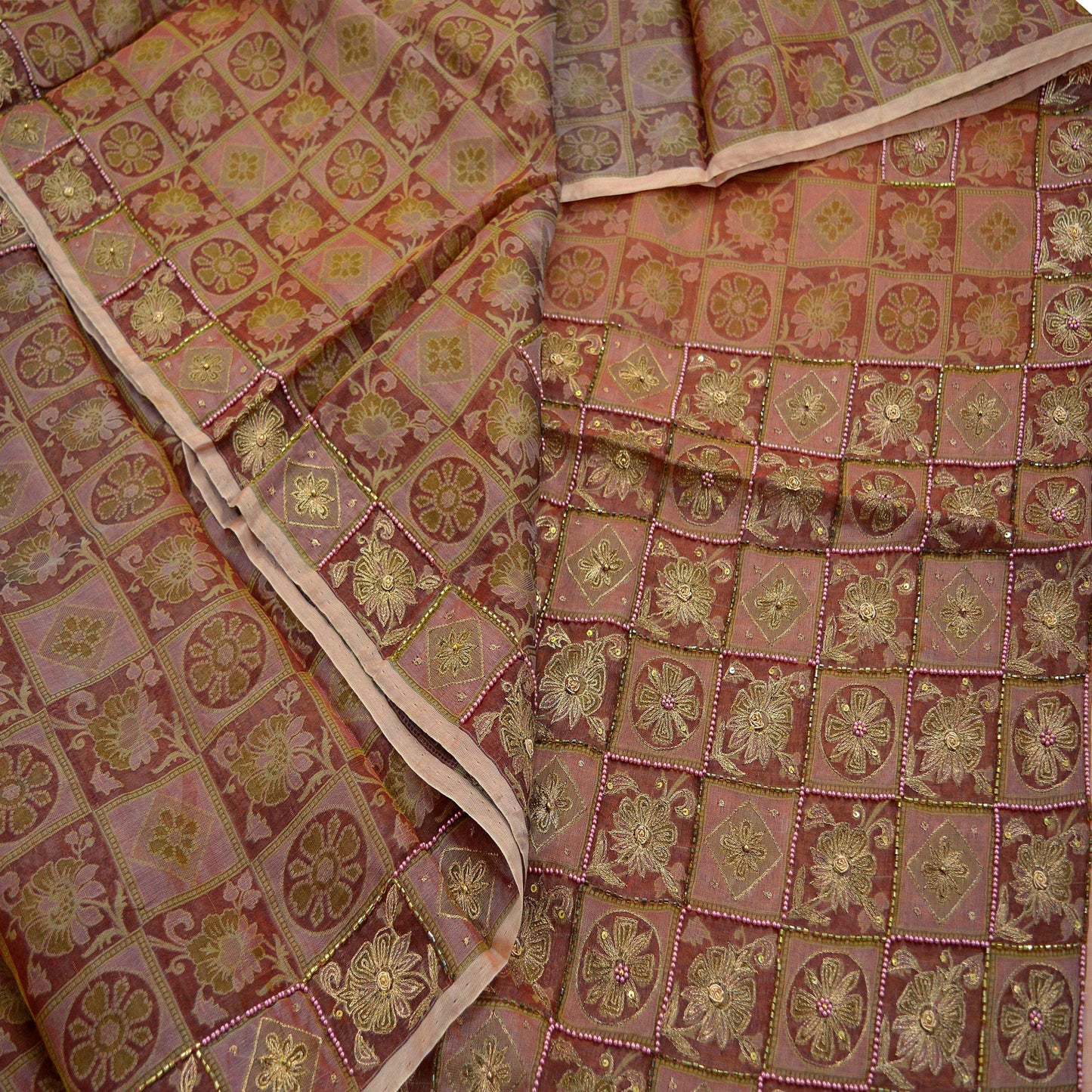 Indian Vintage Sari Brown Hand Embroidered Saree Pure Organza Silk Fabric 5Yd Ethnic Dress Making Crafting Quilting Zardozi/ Dabka