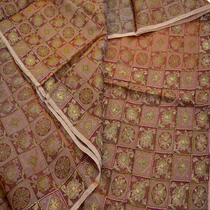 Indian Vintage Sari Brown Hand Embroidered Saree Pure Organza Silk Fabric 5Yd Ethnic Dress Making Crafting Quilting Zardozi/ Dabka
