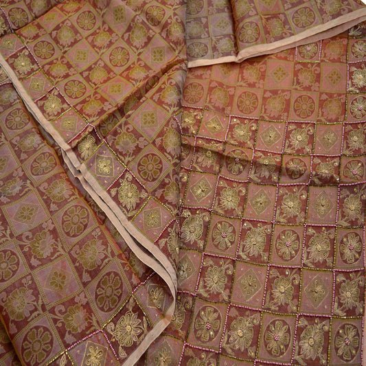Indian Vintage Sari Brown Hand Embroidered Saree Pure Organza Silk Fabric 5Yd Ethnic Dress Making Crafting Quilting Zardozi/ Dabka