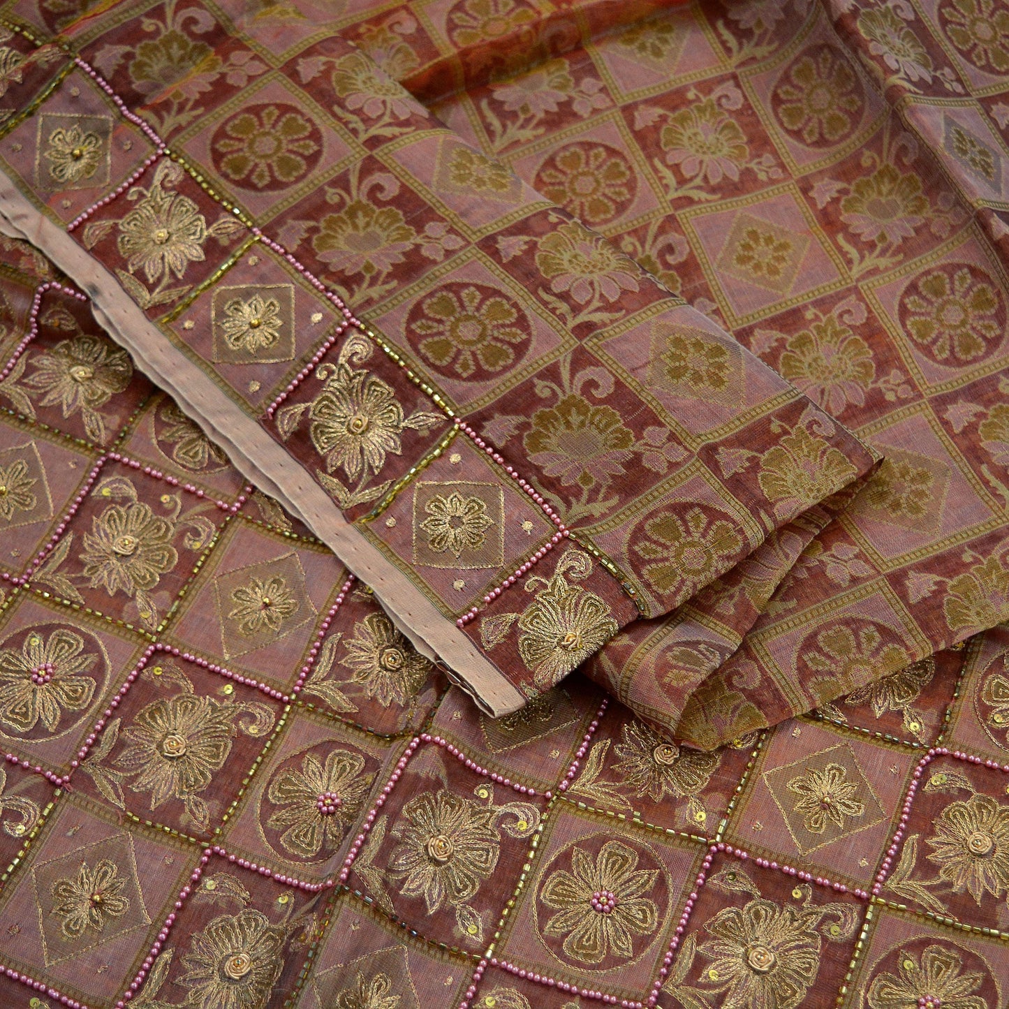 Indian Vintage Sari Brown Hand Embroidered Saree Pure Organza Silk Fabric 5Yd Ethnic Dress Making Crafting Quilting Zardozi/ Dabka