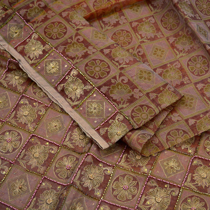 Indian Vintage Sari Brown Hand Embroidered Saree Pure Organza Silk Fabric 5Yd Ethnic Dress Making Crafting Quilting Zardozi/ Dabka